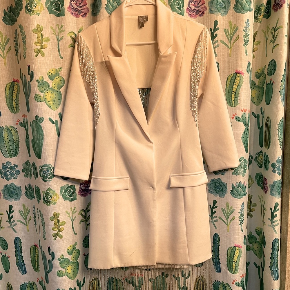ASOS design white blazer dress with rhinestone fringe